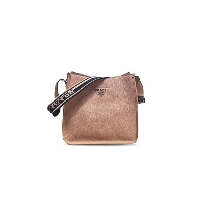 PRADA LOGO PEBBLED LEATHER HOBO BAG IN F0002 NERO 1BC073 (30*28*12cm) 